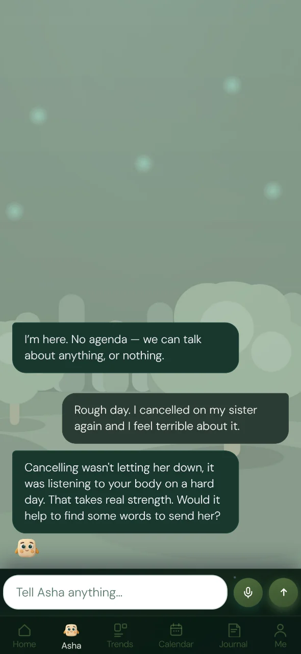 A conversation with Asha: after a hard day and a cancelled plan, Asha replies kindly and offers to find the words for a message.