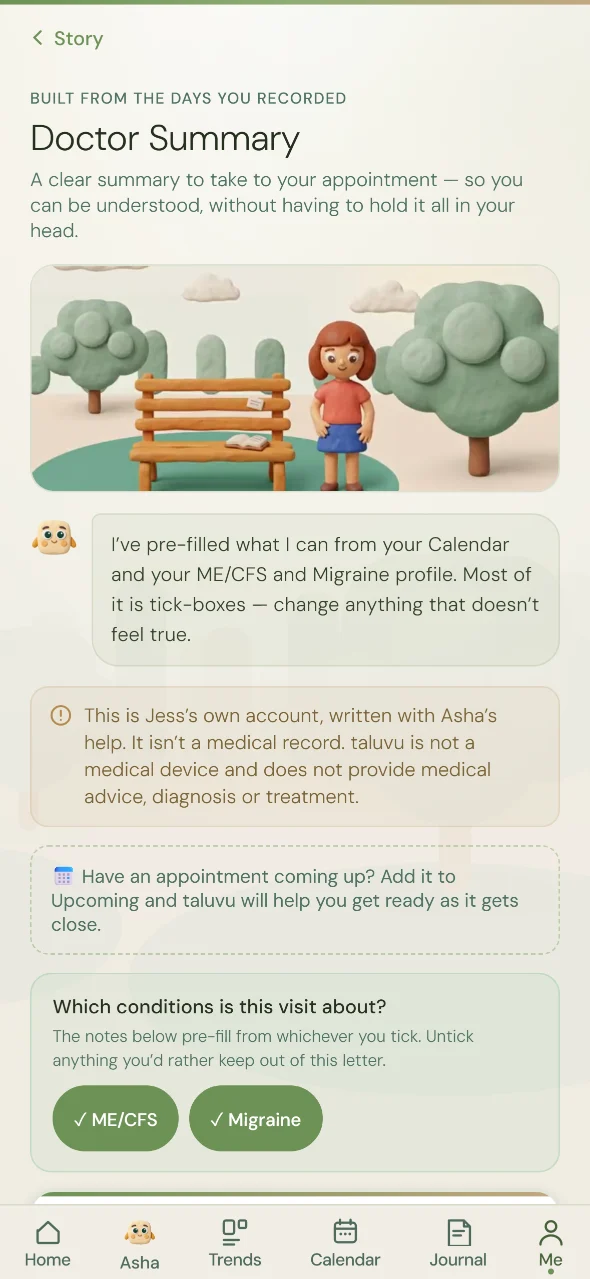 The taluvu Doctor Summary screen: a note that it is the person's own account and not a medical record, a choice of which conditions the visit is about, and the first section, why I am here today.
