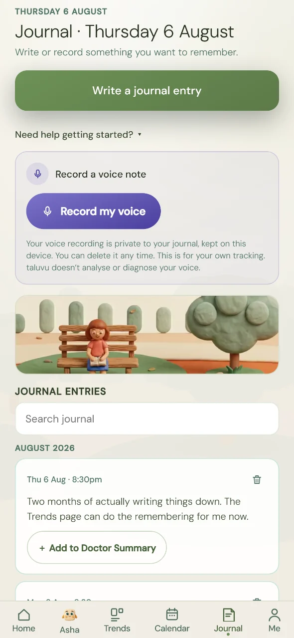 The taluvu Journal screen: a button to write an entry, a button to record a voice note, and a past entry with an option to add it to the Doctor Summary.