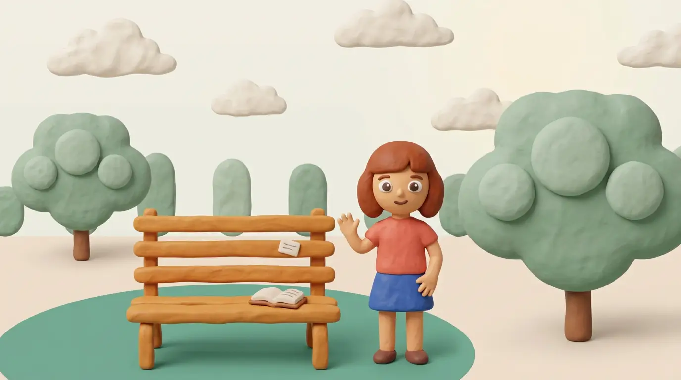 Pip, the taluvu character, standing beside a park bench with her notes and an open book.