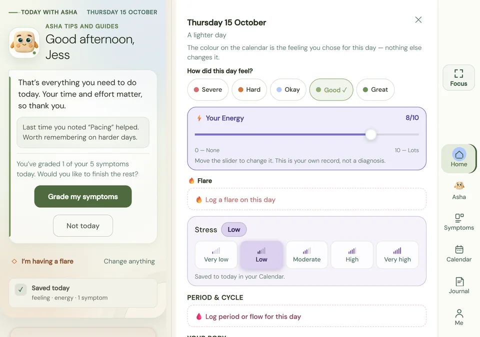 taluvu open on iPhone Duo: Today with Asha on the left, and the day's check in on the right with energy, flare and stress.