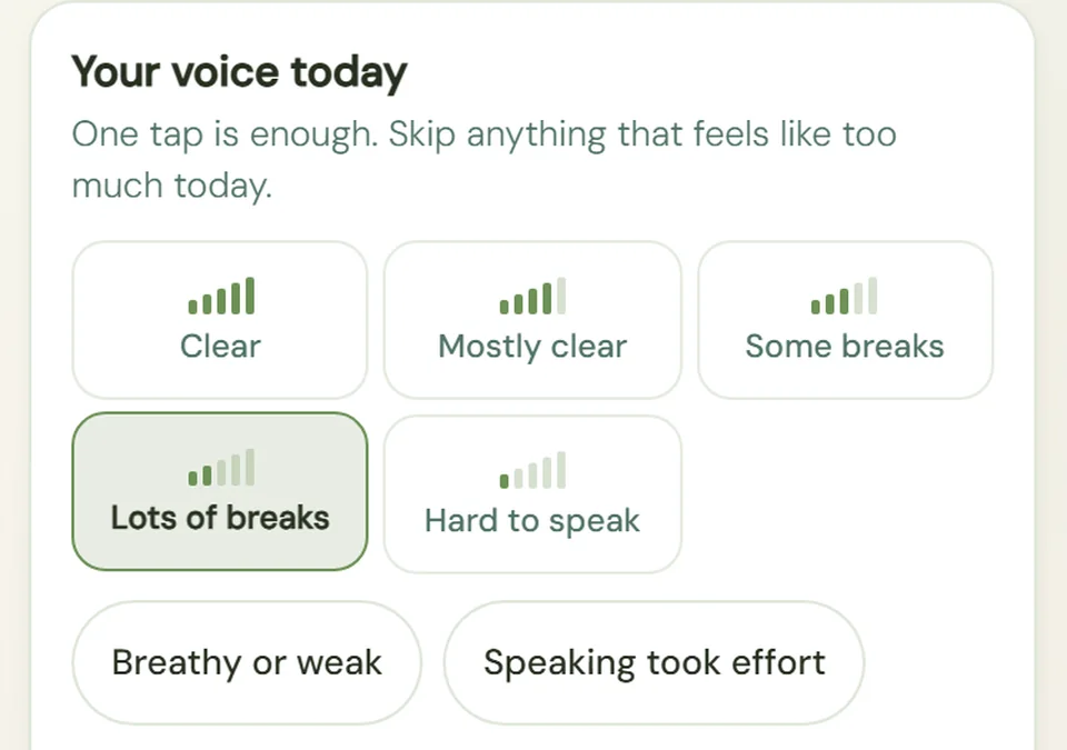 The voice diary in the taluvu Journal: Your voice today, with five levels from clear to hard to speak, Lots of breaks chosen, and taps for breathy or weak and speaking took effort.